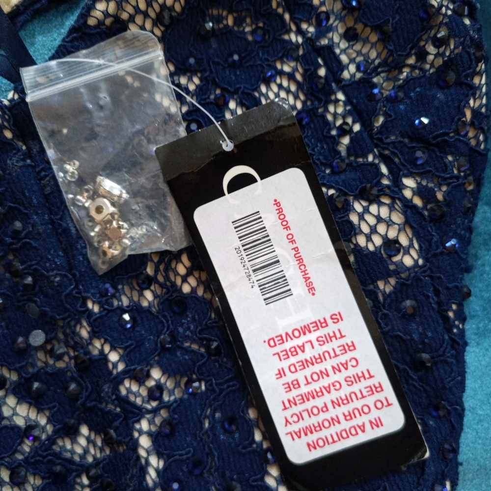 Cachet lace and satin navy blue jeweled waistband gown - Picture 8 of 13